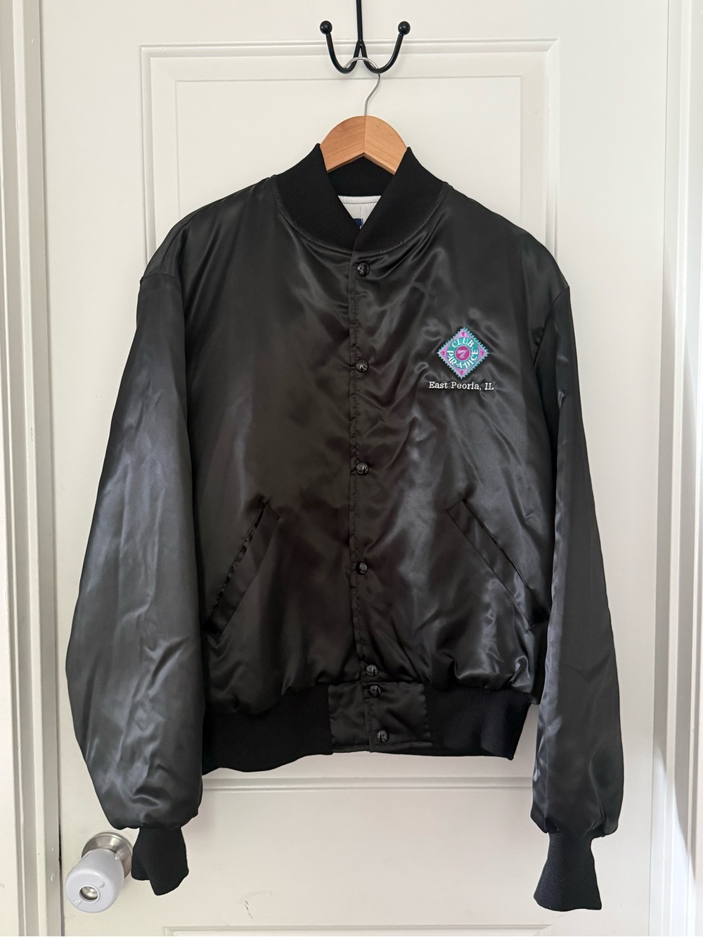 Holloway Black Satin Bomber Jacket with Embroidered Crest